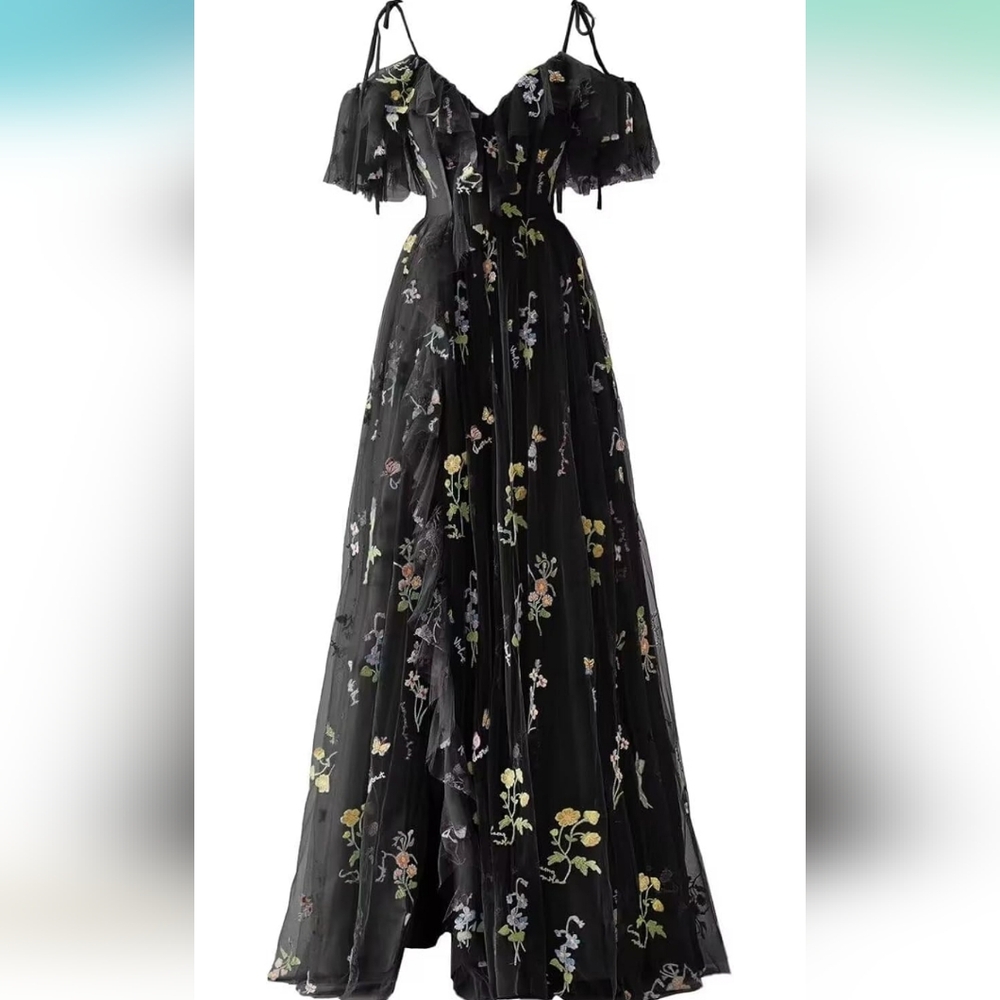 NWOT Black Flower Embroidery Tulle A-Line Dress